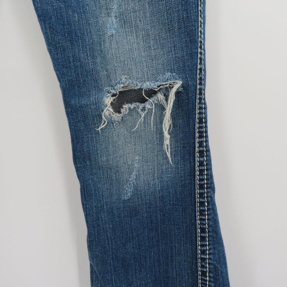 Silver Jeans Women 5 Twisted Bootcut Distressed Denim Solid Blue White Seams - Picture 7 of 15
